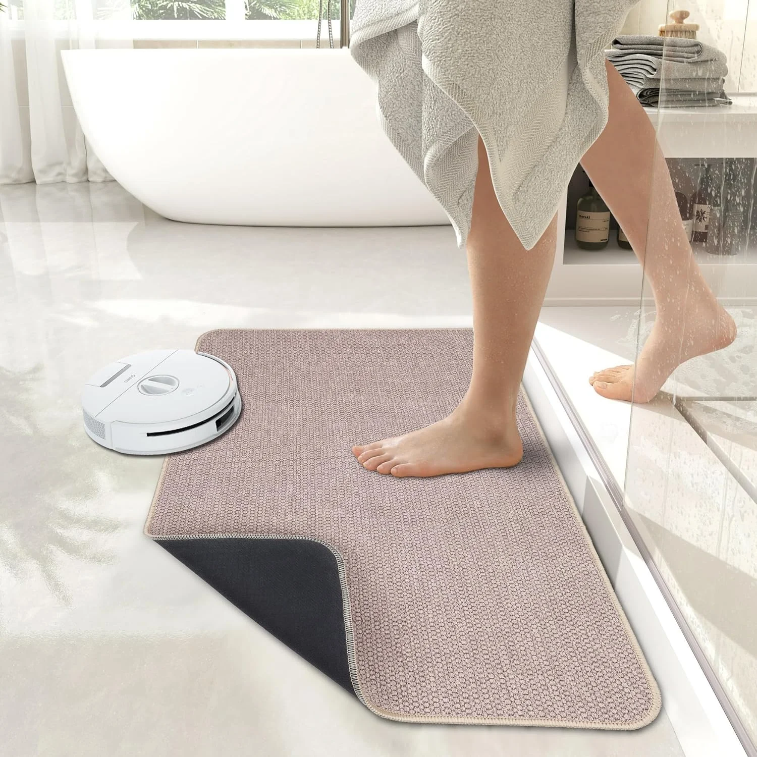 

Ultra Thin Non Slip Bath Mat, Quick Dry Absorbent Bathroom Rug, Machine Washable Low Pile Bath Rug for Shower Sink, Beige 17x27