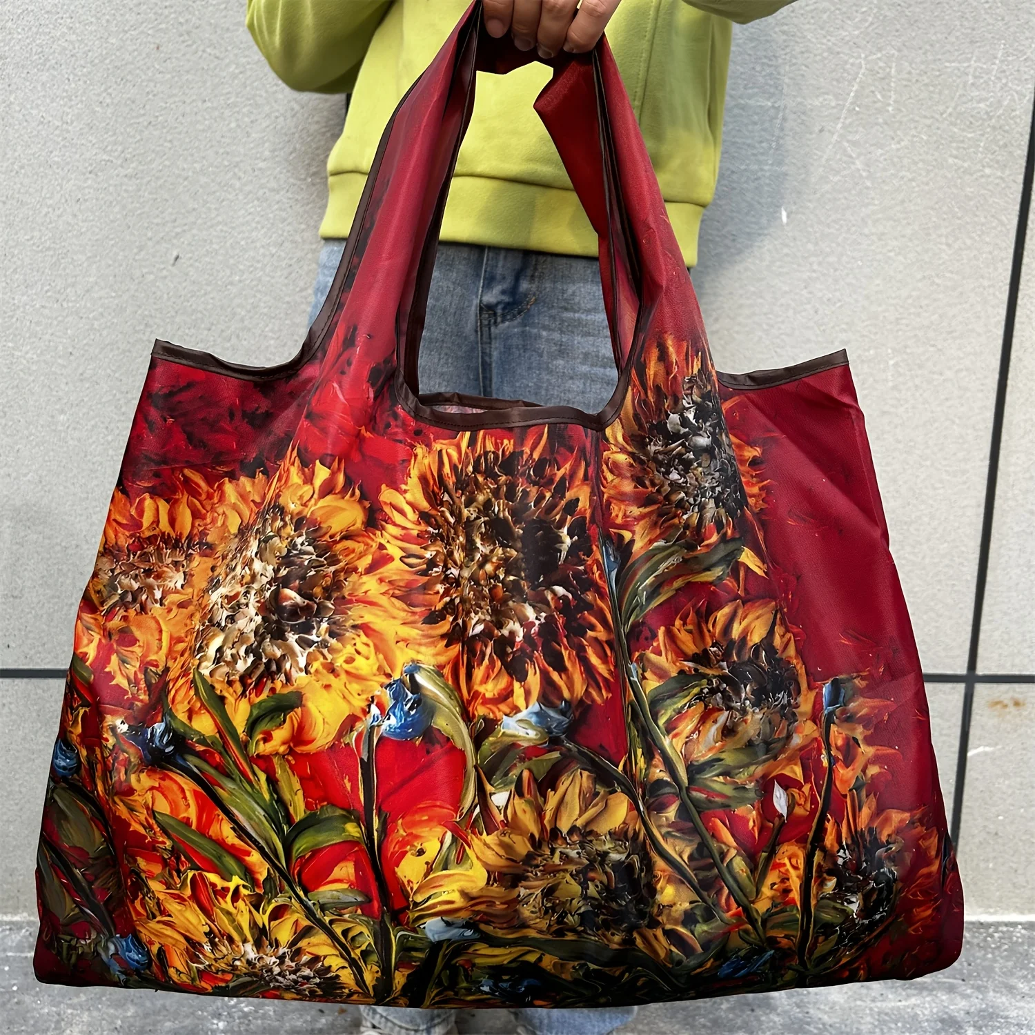 Fashion Oil Painting Style Sunflower Shopping Bag Grocery Store Foldable Large Handheld Shoulder Bag Women's Tote Bag Handheld