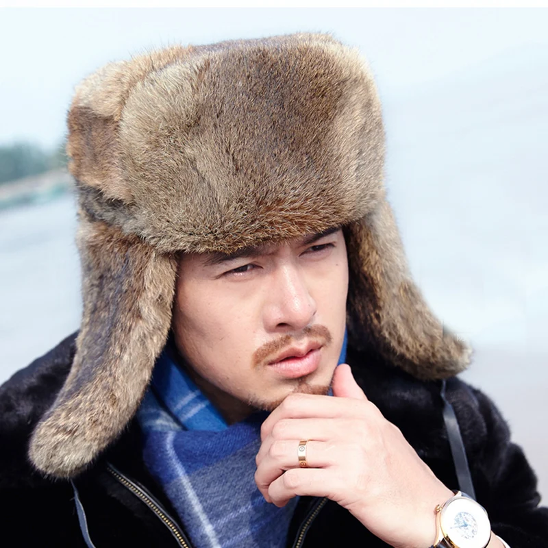 Gorro de piel de conejo para hombre, gorro de bombardero de piel auténtica 100%, orejeras cálidas a prueba de viento, plano, gris/Negro, gorra rusa