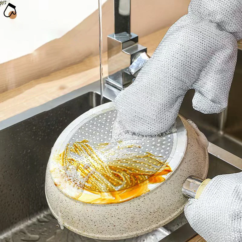 Guanti per lavare i piatti allungati Filo d'argento antiaderente Strumento per la pulizia dei lavori domestici Guanti da cucina in filo d'acciaio impermeabili a prova di olio