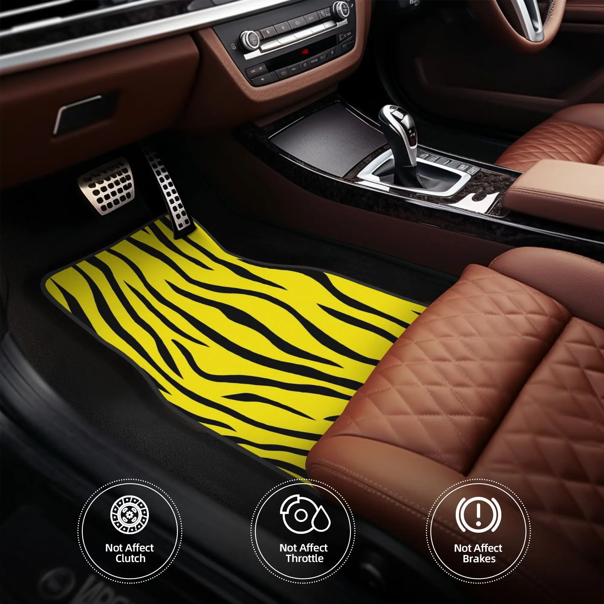 4pcs Yellow Tiger Car Floor Mat - Durable Polyester, Fits All Vehicles, Non-slip Design, Stylish Black And Yellow Zebra Pattern,