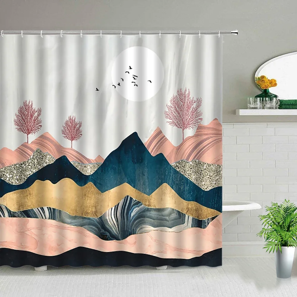 Modern Chinese Style Pink Mountain Peak Scenery Shower Curtains Ink Painting Forest Landscape Bath Screen Background Wall Decor