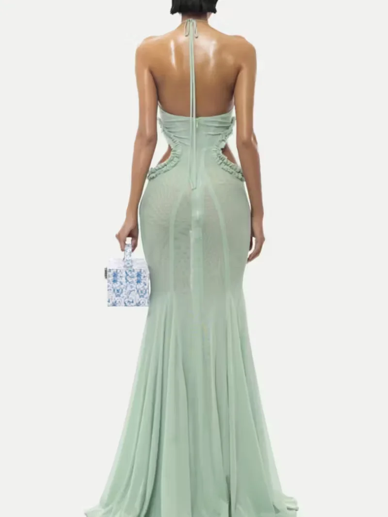 Sexy Fischschwanzkleid, langes Kleid mit Ausschnitt und Schleife, Kleid mit Ausschnitt und rückenfreiem Datum, Urlaubskleid