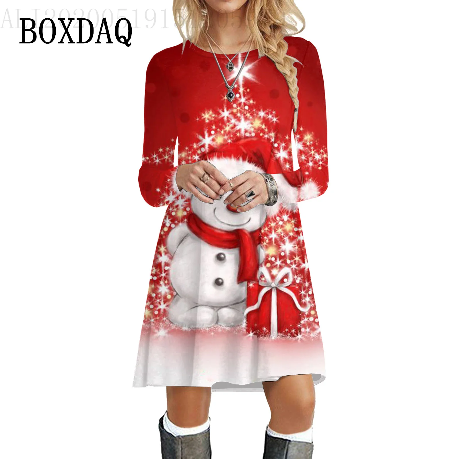 Red Christmas Party Dresses For Women 2023 Winter X-Mas Snowman Print A-Line Dress Casual Cute Long Sleeve Loose Oversize Dress