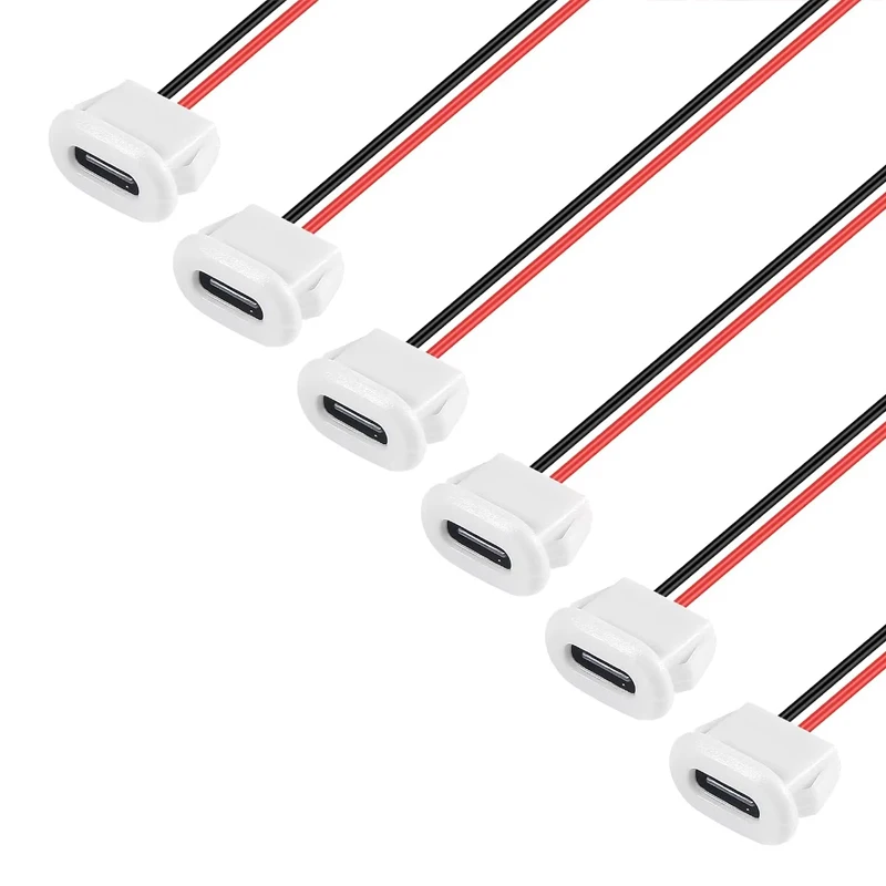 6PCS USB Power Connector USB-C Plug to 2 Pin Bare Wire Open End Connector Type C Female Chassis Waterproof Extension Power Cable