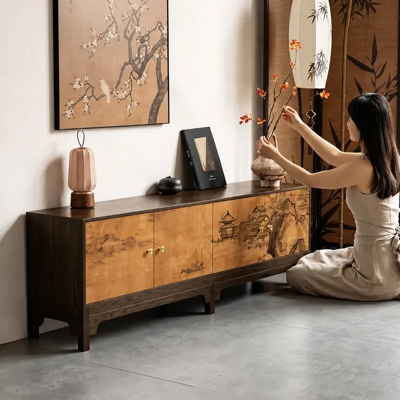 Song Style Solid Wood TV Cabinet Yellow Background Ancient Landscape Hall Cabinet Floor Cabinet Living Room Flower Stand