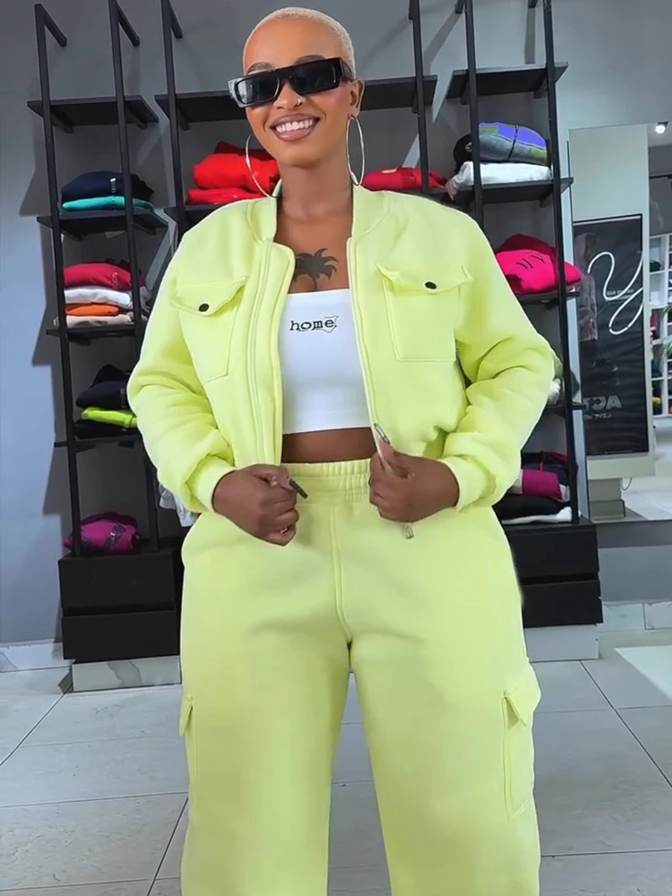 

Nibber Спортивный комплект из 2 предметов с несколькими карманами, женский кардиган на молнии, куртка с длинными рукавами + прямые брюки, модный костюм в повседневном стиле