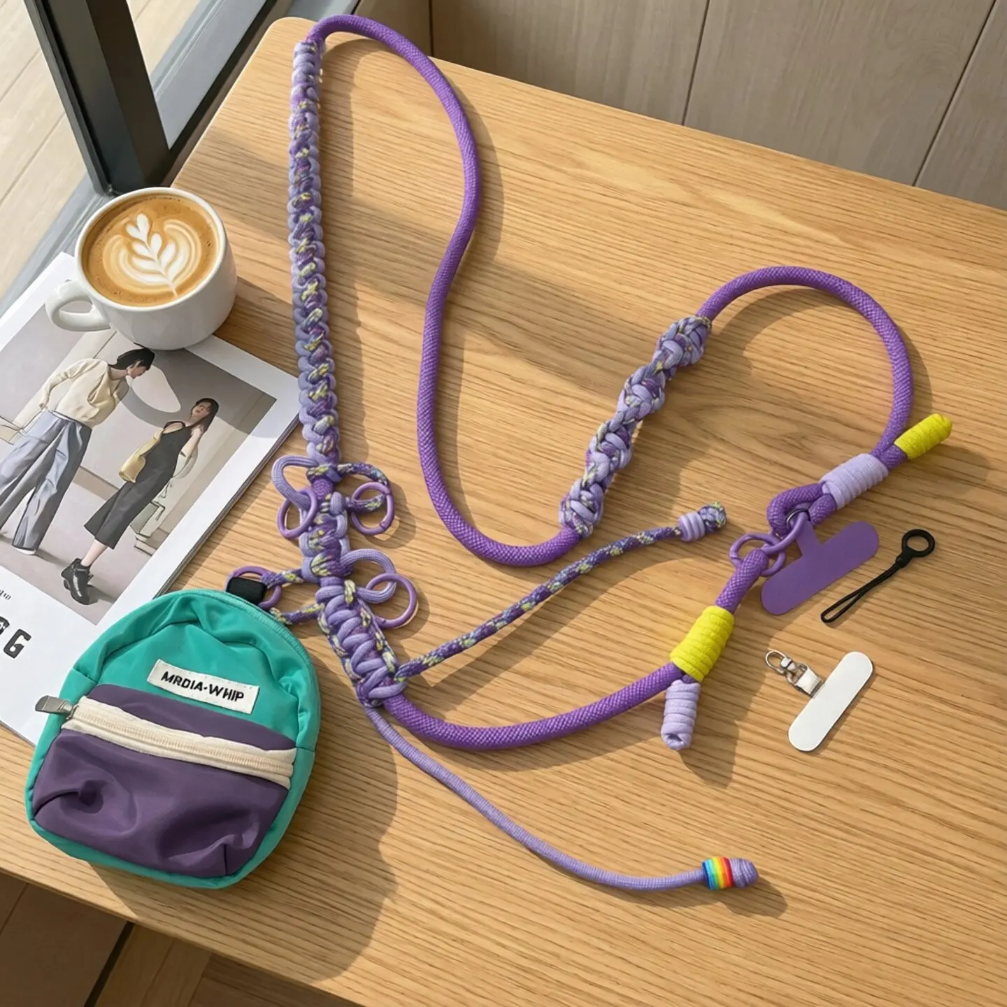 Hand-Woven Mobile Phone Lanyard Crossbody Long Mini Coin Purse Pendant Multi-Hanging Point Side Back Anti-Lost Storage Rope
