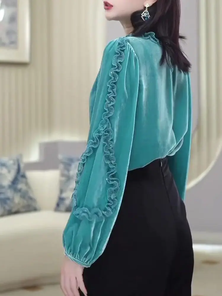 

Spring Fall Women Appliques Flower Ruffles Velvet Top T Shirt , Woman Lantern Sleeve Velour Tops Shirts TT1245