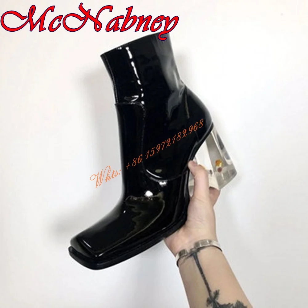 Square Toe Sexy Clear Heels Boots Solid Ankle Women Shoes Flower Chunky High Heels Zipper Party Dress Boots Black Spring Design