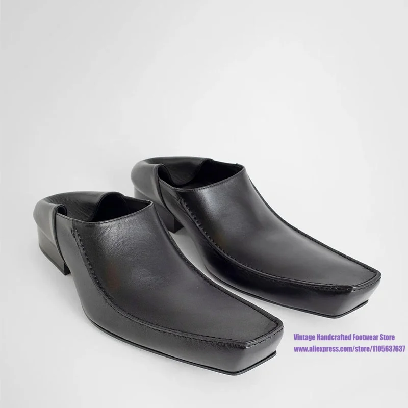 Black Leather Square Toe Loafers Low Block Heel Slip-On Casual Shoes ﻿New in Luxury Designer Trendy Handcrafted Men's Shoes
