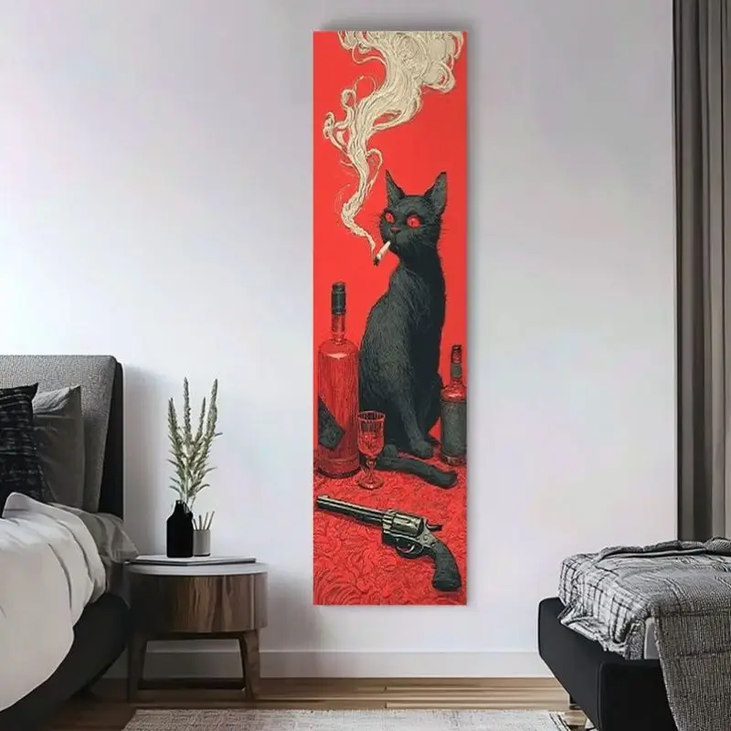 VIKAMA Dark Cat Smoking Retro Vertical Tapestry Wall Hanging Decorative Art for Bedroom Living Room Cozy Aesthetic Home Decor
