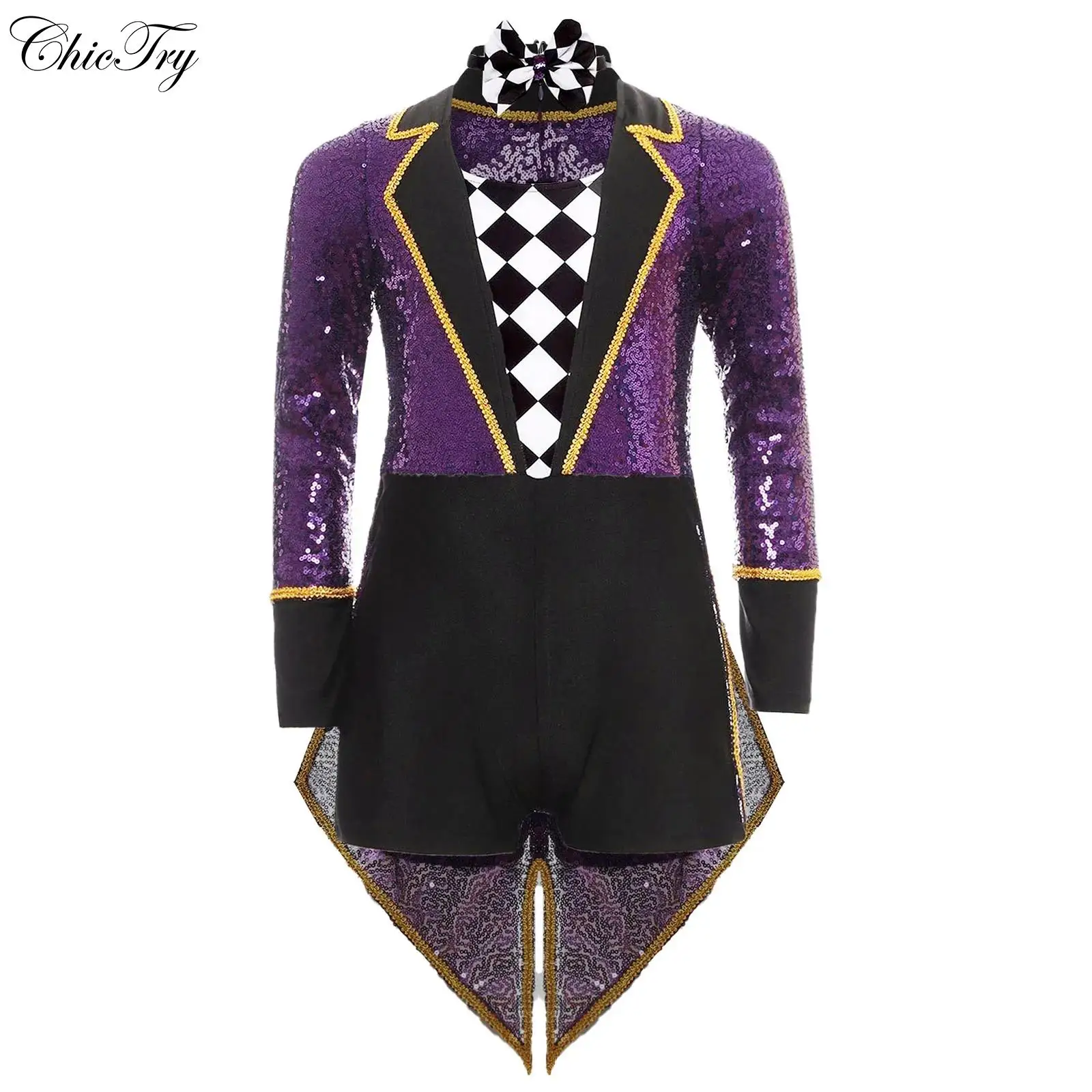 

Kids Girls Circus Costumes Halloween Magician Cosplay Leotard Long Sleeve Sequins Checkerboard Tailcoat Bodysuit with Bow Tie