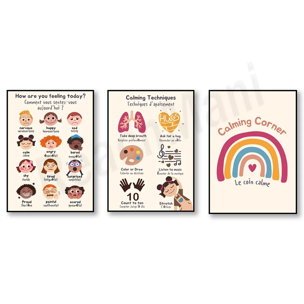 Bilingual French education poster, calm corner, mood poster, emotion regulation, calming techniques, calming techniques.