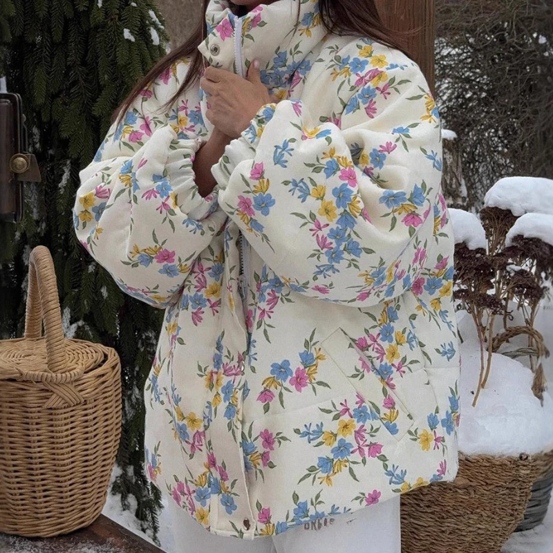 Damska kurtka puchowa oversize ze stójką, zapinana na zamek, z kwiatowym wzorem, ciepła, wypełniona bawełną, płaszcz jesienno-zimowy, nowość 2025