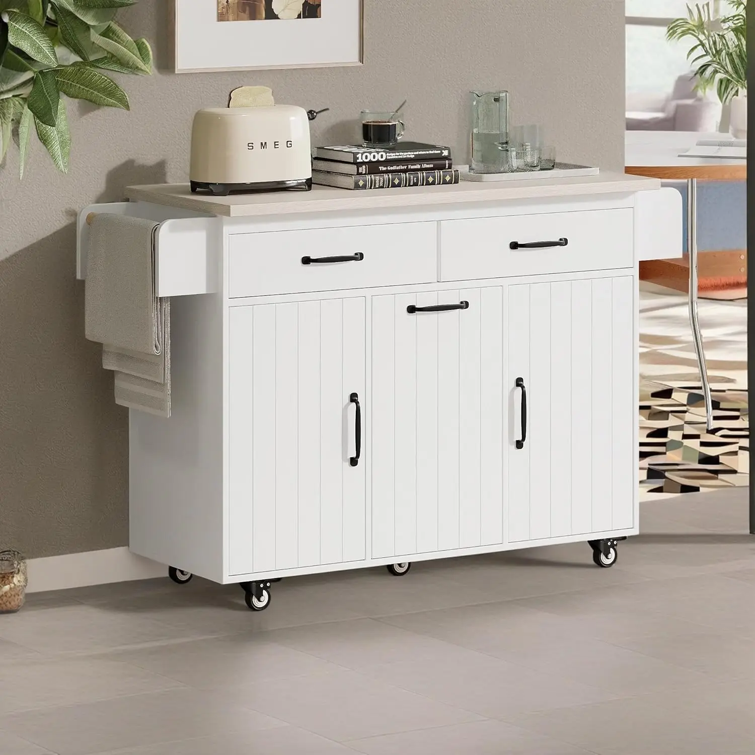 Trash Can Storage Cabinet, Kitchen Cart with Drop Leaf, Spice Rack, Towel Rack and Drawer