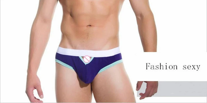 Men's Cotton Briefs, Front Open Hole U-Pouch Contrast Color Waistband Low Rise Breathable Sexy Male Underwear