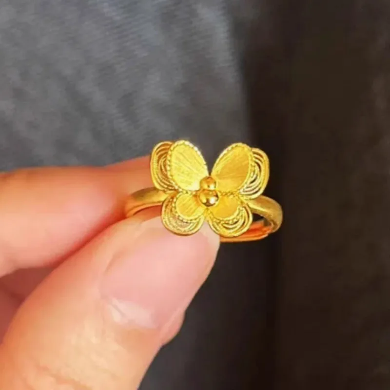 Light Luxury Brushed Double Butterfly Open Ring For Women 24K Gold AU999 Matte texture, noble double butterfly styling