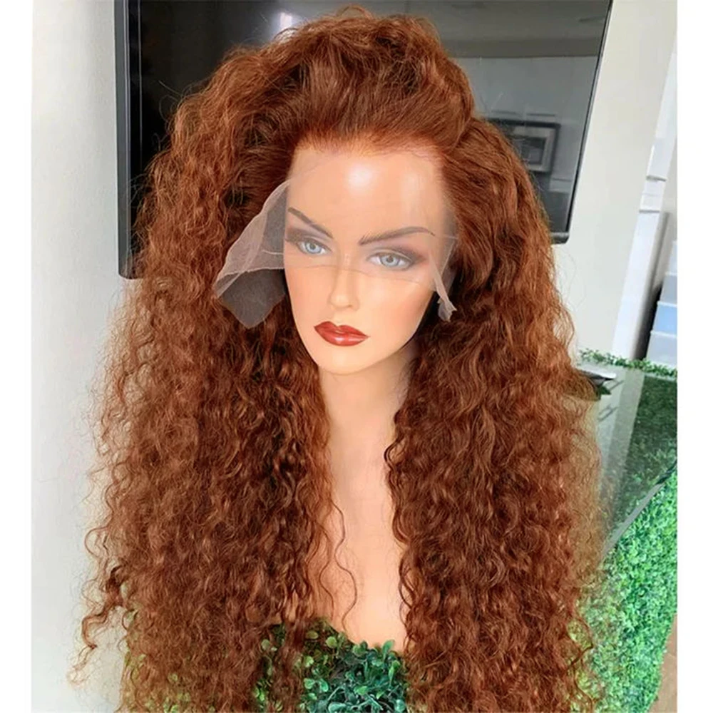 RONGDUOYI Reddish Brown Curly Long Wigs For Women Synthetic Lace Front Wig Look Natural Free Part Natural Hairline Deep Wave Wig