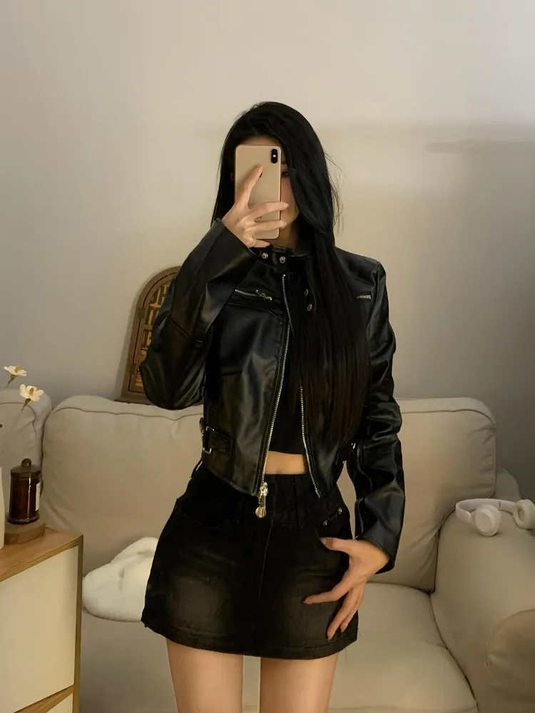 黒 PU ジッパーレザージャケット女性パンクスタイル因果ファッションレザージャケット夏のストリートハイストリートヴィンテージルーズコート