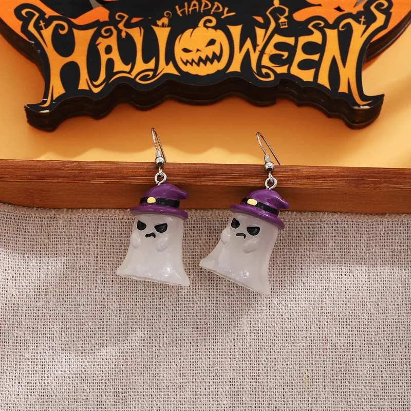 Halloween Theme Cartoon Resin Dangle Earrings for Women Ghost Pumpkin Witch Hat Death Funny Personality Earring