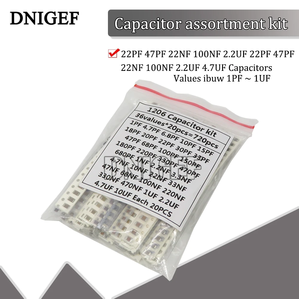 36Values 1pF-10uF Electronic Capacitor Set 1206 SMD Ceramic Capacitor assortment kit 22PF 47PF 22NF 100NF 2.2UF 4.7UF Capacitors