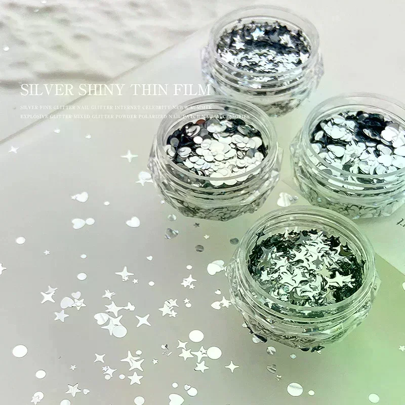 1 جرة لامعة الفضة الترتر مزيج الأشكال ضوء النجوم الحب ستار شريحة الشارات مانيكير Paillette سحر مسمار الفن ملصقات