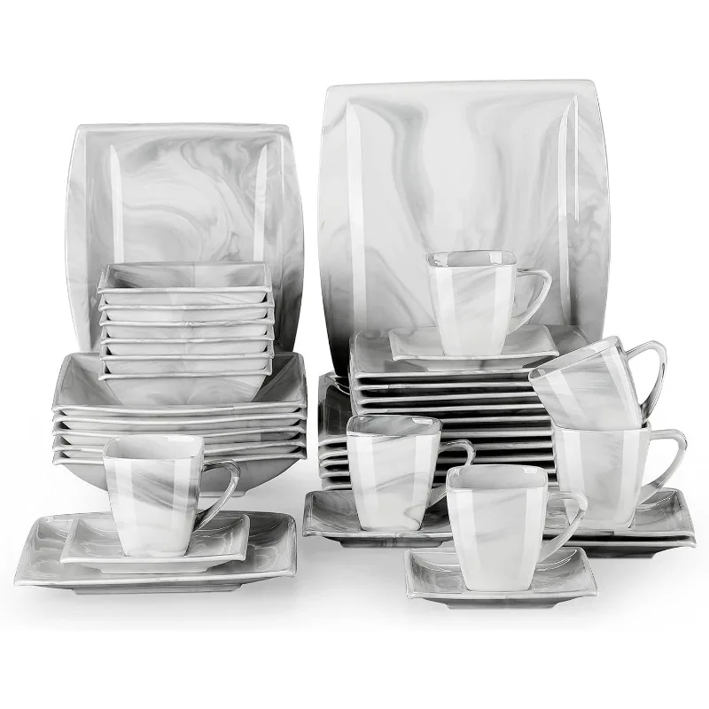 Square Dinnerware Sets,30 Piece Porcelain Plates and Bowls Sets for 6, Marble Grey Dish Set with Dinner Plate Set, Dishes,