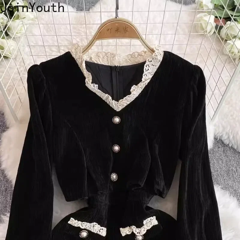 Black Fake Two Dresses Women V-Neck Slim Fit Robe Femme  2024 Vestidos De Mujer Patchwork Lace Elegant Vintage Corduroy Dress