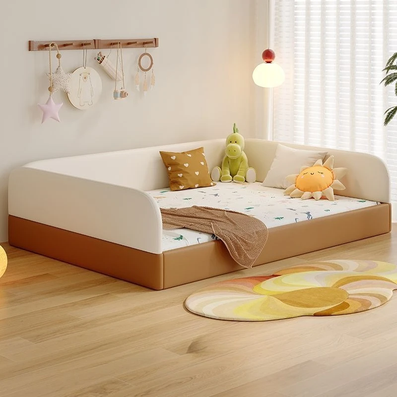 Children's leather high box storage bed simple modern with guardrail baby baby splicing floor bed