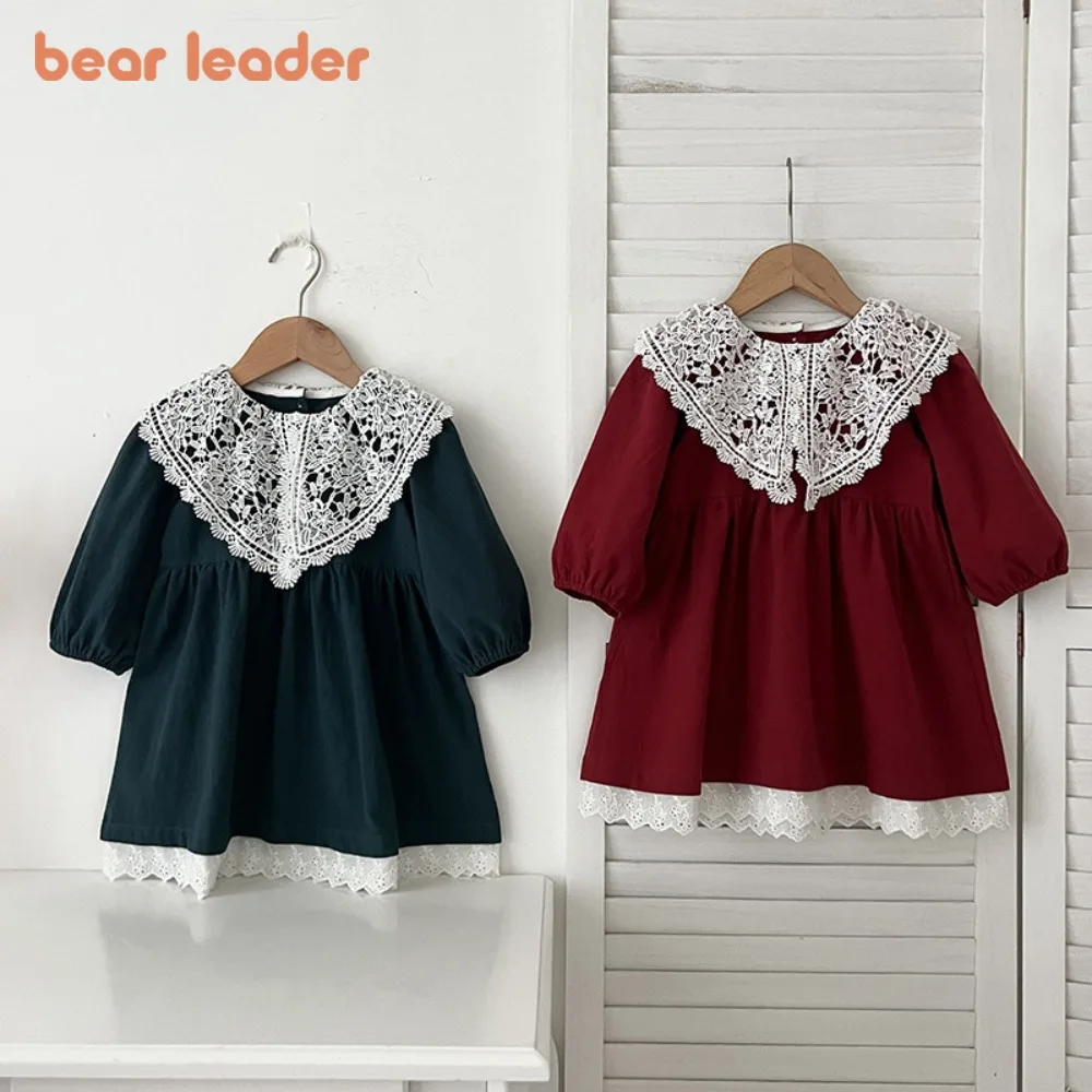 

Bear Leader 2025 Spring and Autumn Fashion Retro Girls' Casual Dresses with Lace Collar Long Sleeve 100% Cotton Princess Dress