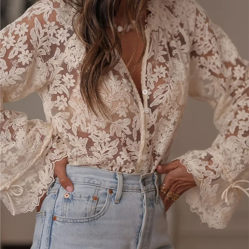 

Sexy Woman Clothing Summer Retro Loose Casual Elegant Lace Transparent Mesh Hollow Tops Long-sleeved Round Neck Shirt