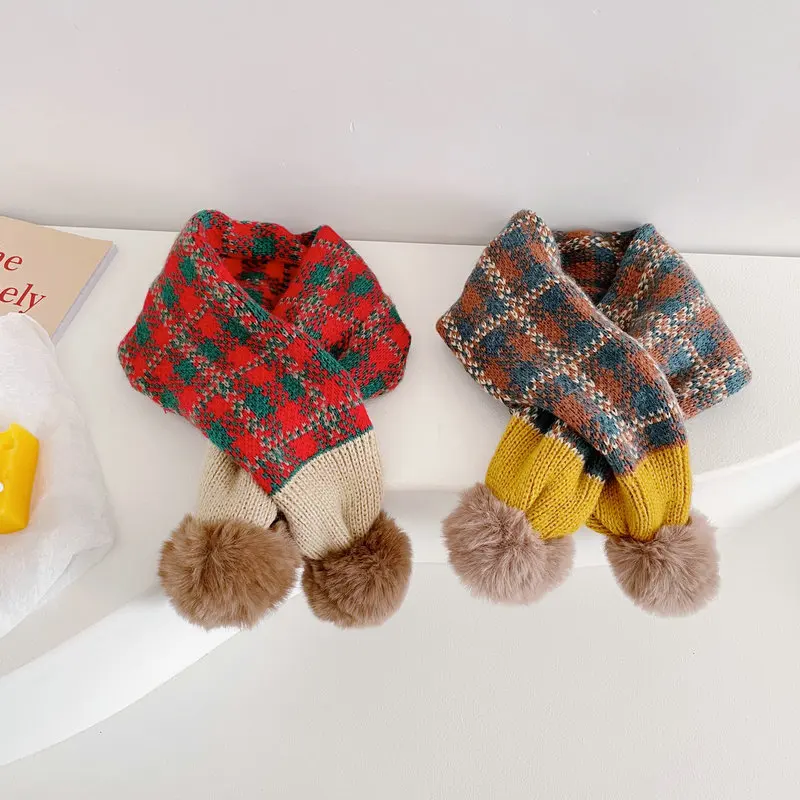 Fashion Stitching Plaid Children's Pompom Cross Scarf Autumn and Winter Boys and Girls Baby Warm Knitted Scarfs