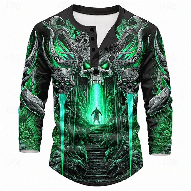 New Fall Collection Gothic Punk Men's Henley Long-Sleeve T-Shirt With 3D Hell Demon Skeleton Print—Mens Casual Waffle-Weave Top