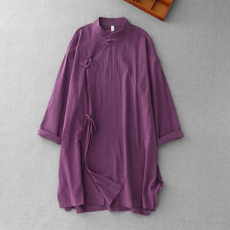 

Ретро китайский Sle однотонный хлопковый льняной топ Long Sve Свободная одежда Tea Zen с поясом и пуговицами для женщин больших размеров