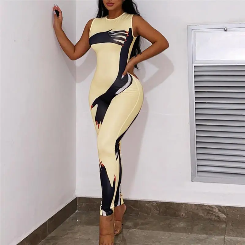 Summer Women's Sexy Casual Print Slimming Butt Lifting One-Piece Long Pants Cross-Border New Style Zipper High Waist Trousers