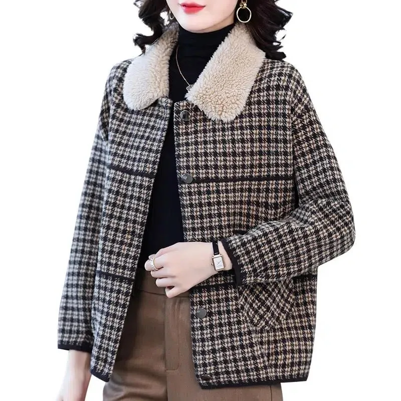 

Women's Houndstooth Woolen Coat New 2022 Autumn Winter Jacket Tops Fashion Short Fur Collar Knitted Outerwear Cardigan Female