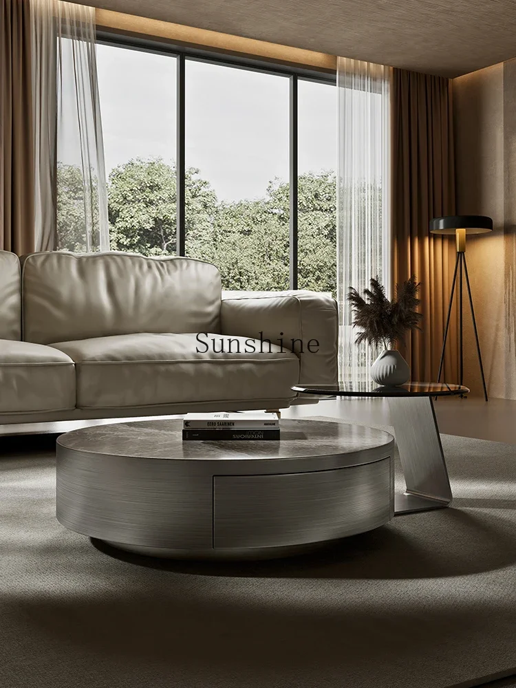 

Italian light luxury modern small apartment stainless steel round household rock slab coffee table combination FT