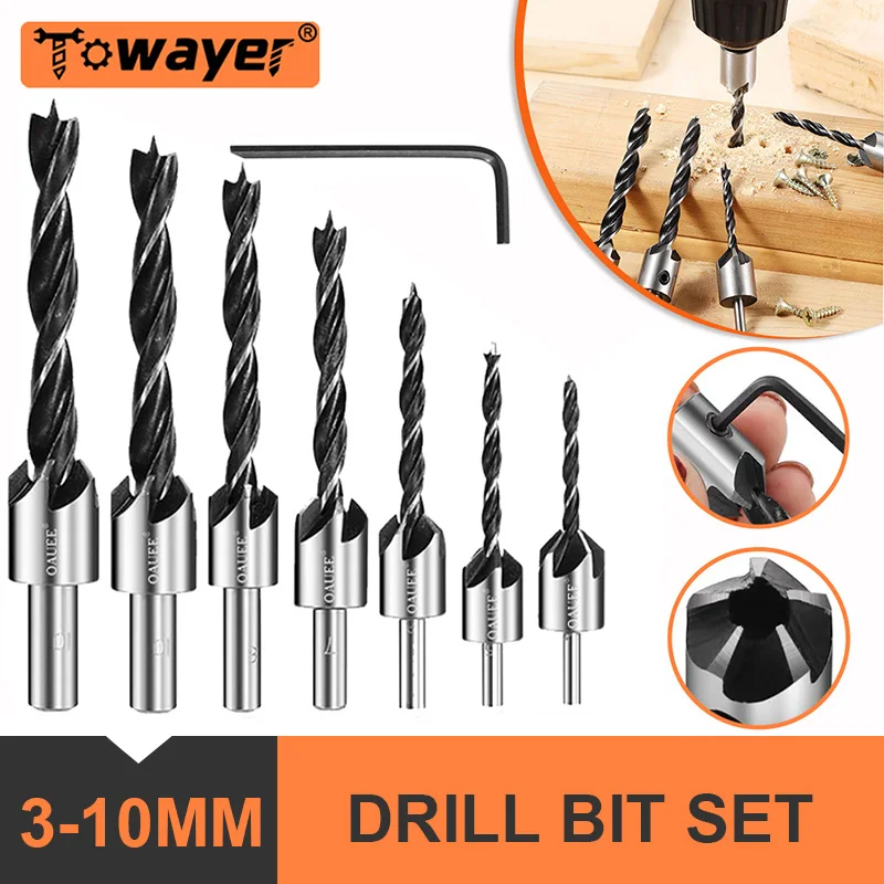 3-10mm HSS Countersink Drill Bit Set High Carbon Steel Round Shank Chamfer Knife Drill Wood Plate Hole Openger Woodworking Tools