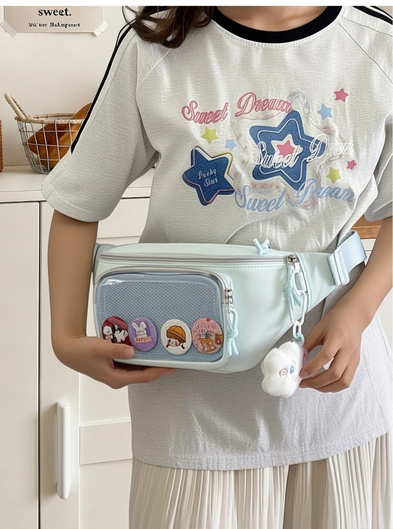 Neue süße Anime Ita Bag – Stylische Damen-Outdoor-Fahrrad-Umhängetasche, transparente Bauchtasche für Mädchen, DIY Comic-Display-Schultertasche – Detail 17