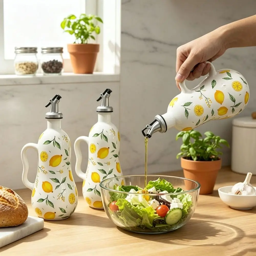 Ceramic Lemon Pattern Oil Bottle Underglaze Embossed Leak-proof Olive Oil Dispenser No Drip with Handle Seasoning Bottle