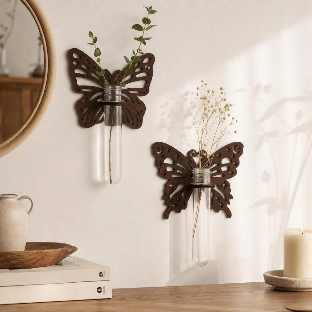 Wooden Hydroponic Planter Shelf Vase Home Ornaments Wall Mounted Planter Butterfly-Shaped Hollow Out Flower Pot Plant Lovers
