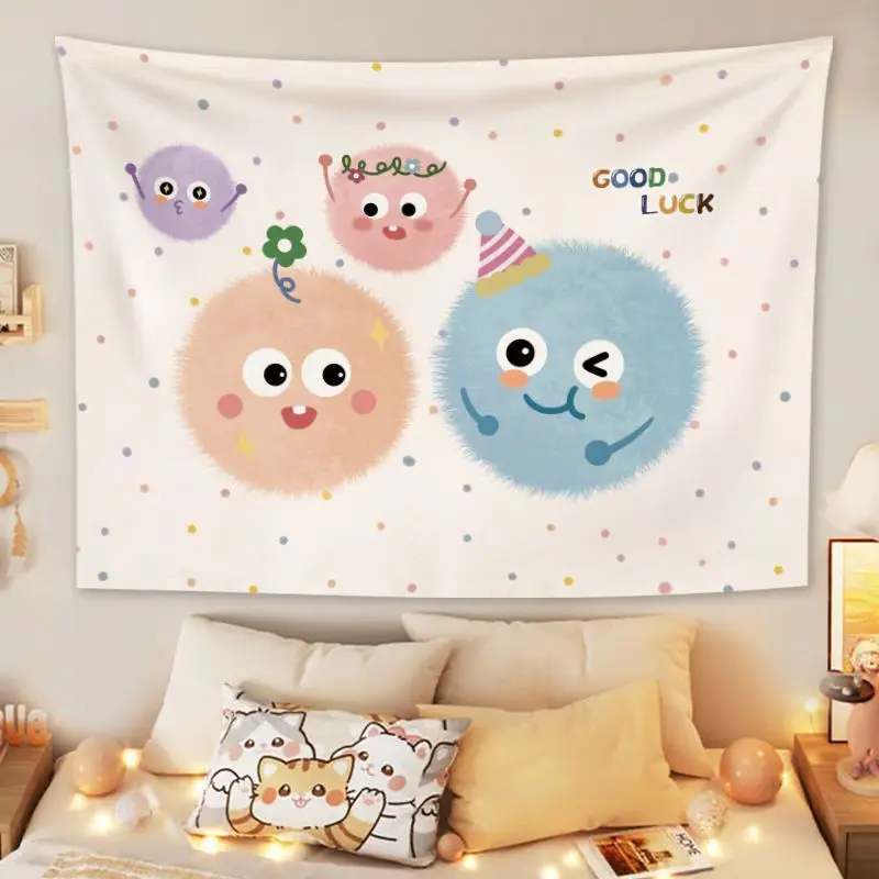VIKAMA Colorful Hairball Elf Tapestry, GOOD LUCK Cartoon Wave Point Warm Wall Hanging for Bedroom Living Room Dorm Decor