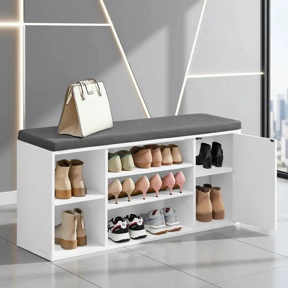 

Банкетка для хранения обуви с широким входом, 41 дюйм, с подушкой, регулируемыми полками, белая и серая