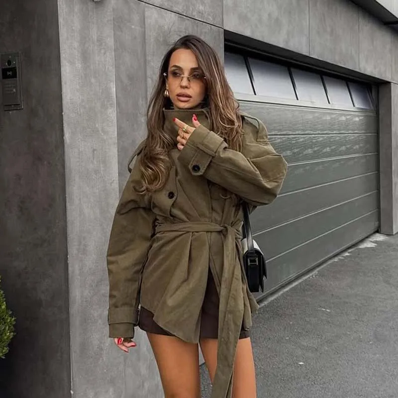 

YENKYE Safari Style With Belt Trench Coat For Women High Neck Long Sleeve Autumn Winter Loose Outerwear