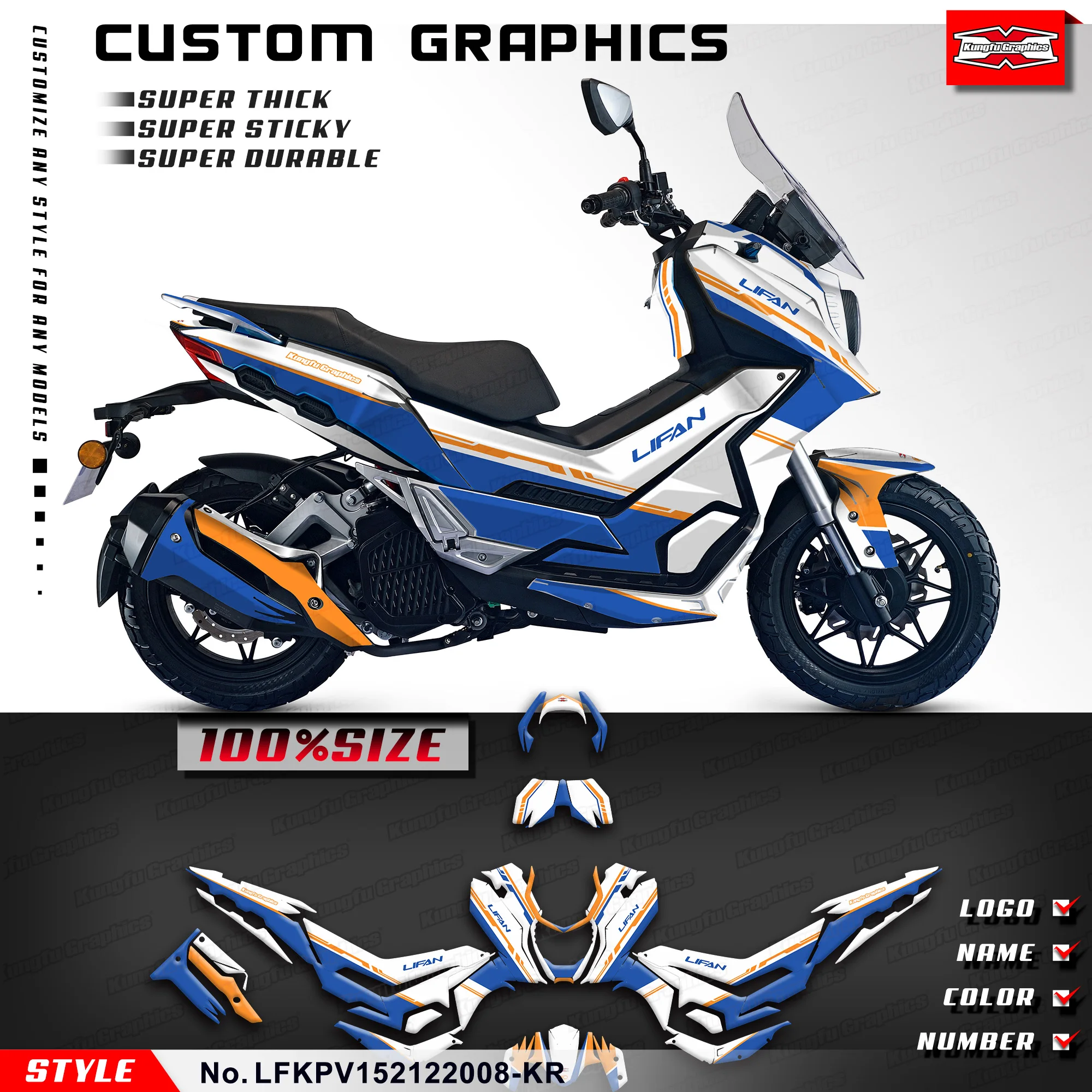 

KUNGFU GRAPHICS Customised Stickers Complete UV-resistant Vinyl for LIFAN KPV 150 2021 2022 Scooter, Restyled, LFKPV152122008-KR