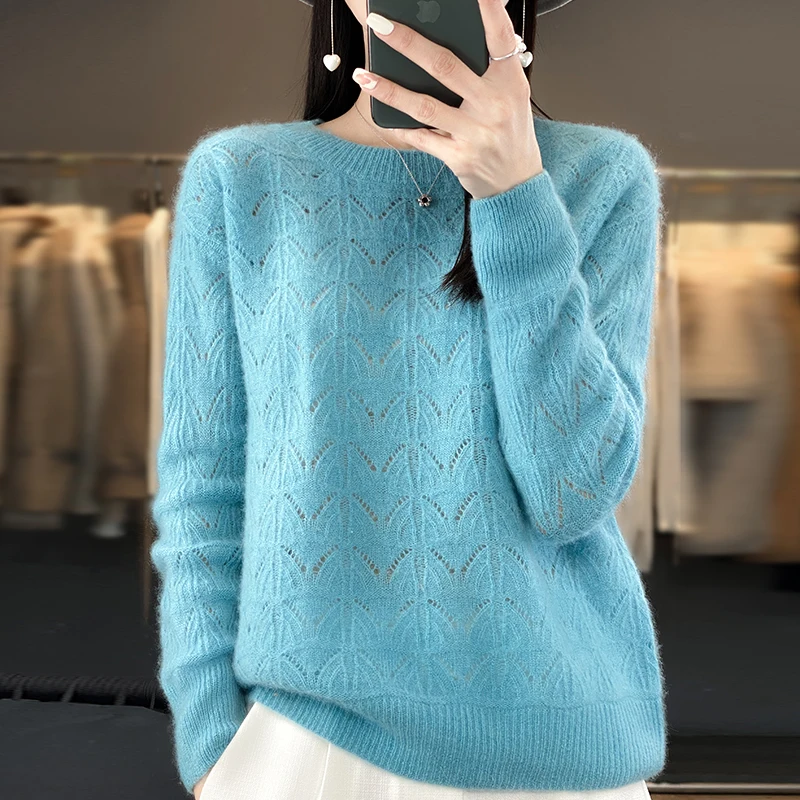 Pure Wool Women\'s O-neck Pullover Korean Fashion Hollow Knit Top Solid Color Sweater Autumn and Winter Women\'s Clothes
