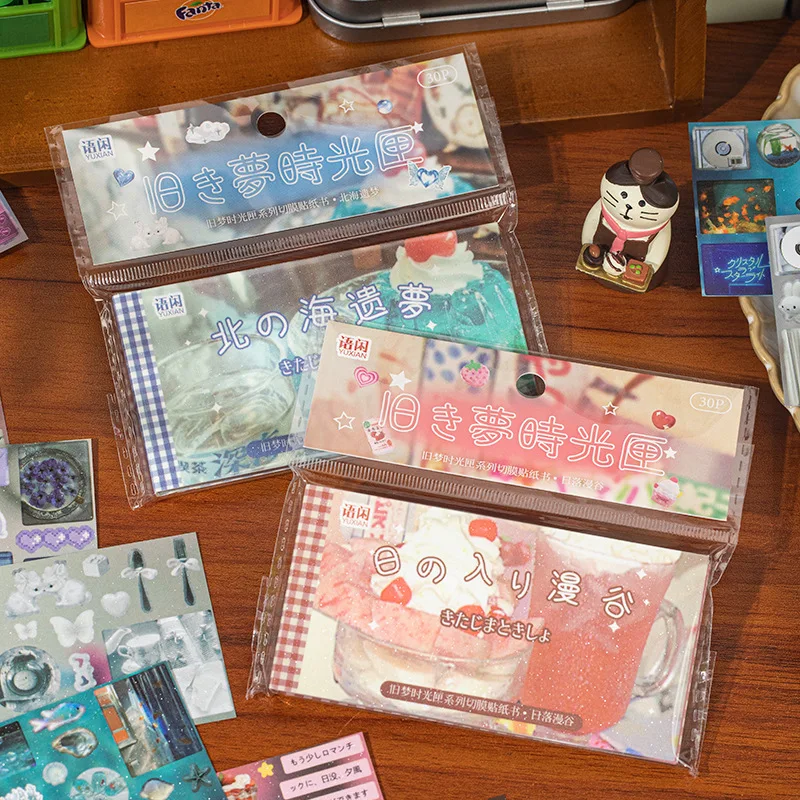 

2Style 30Sheets/bag Die Cutting Coil Stickers Book Time Story Series Ancient Early Wind Material Handbag DIY Collage