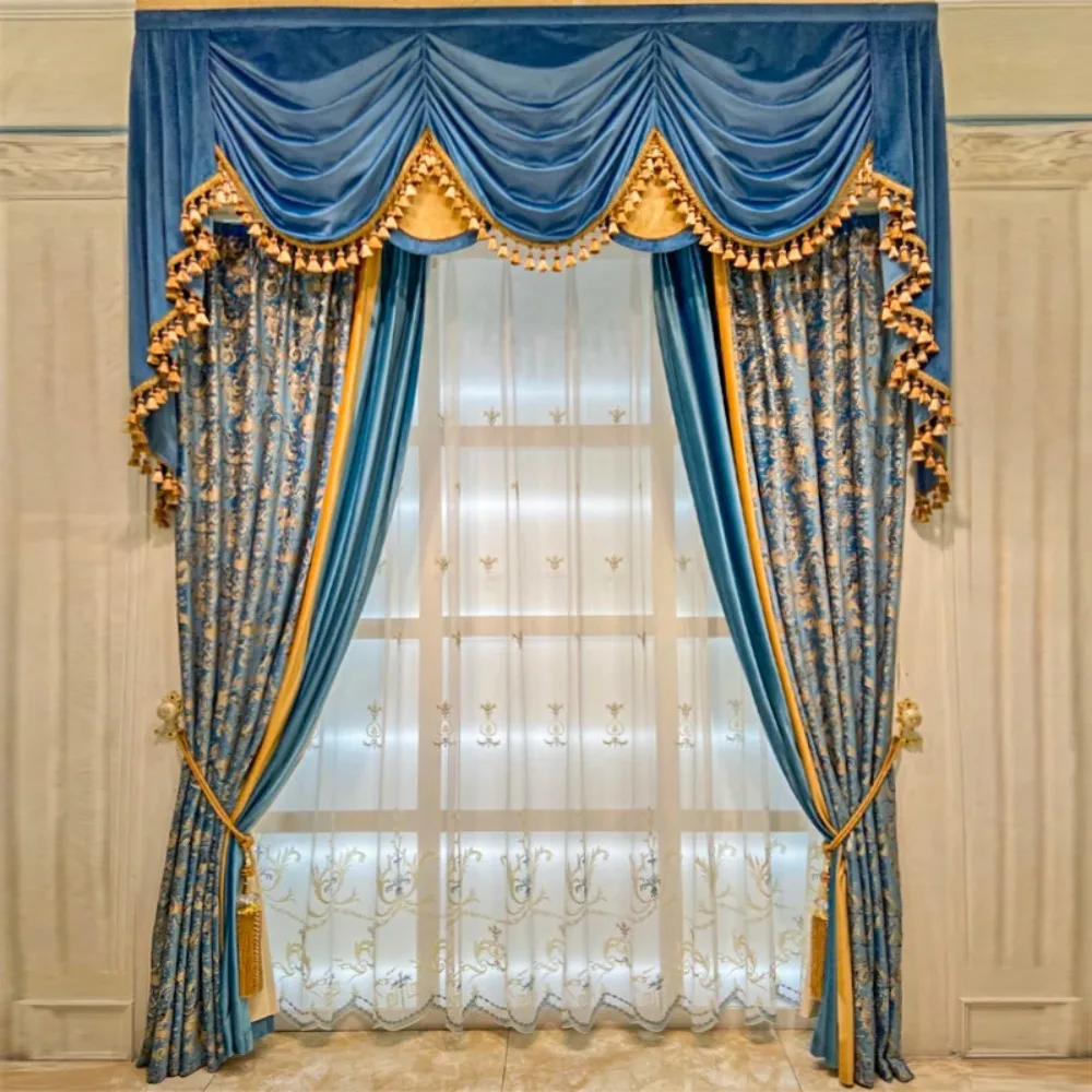 

European-style Minimalist Luxury Blue Carved Printed Velvet Blackout Curtains Curtains for Living Dining Room Bedroom