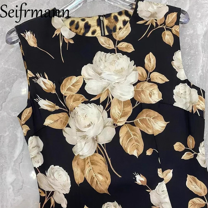 Seifrmann 2025 秋の新着シルクノースリーブドレス秋ホワイトローズフラワーブラックボトムベストスカートシルク痩身